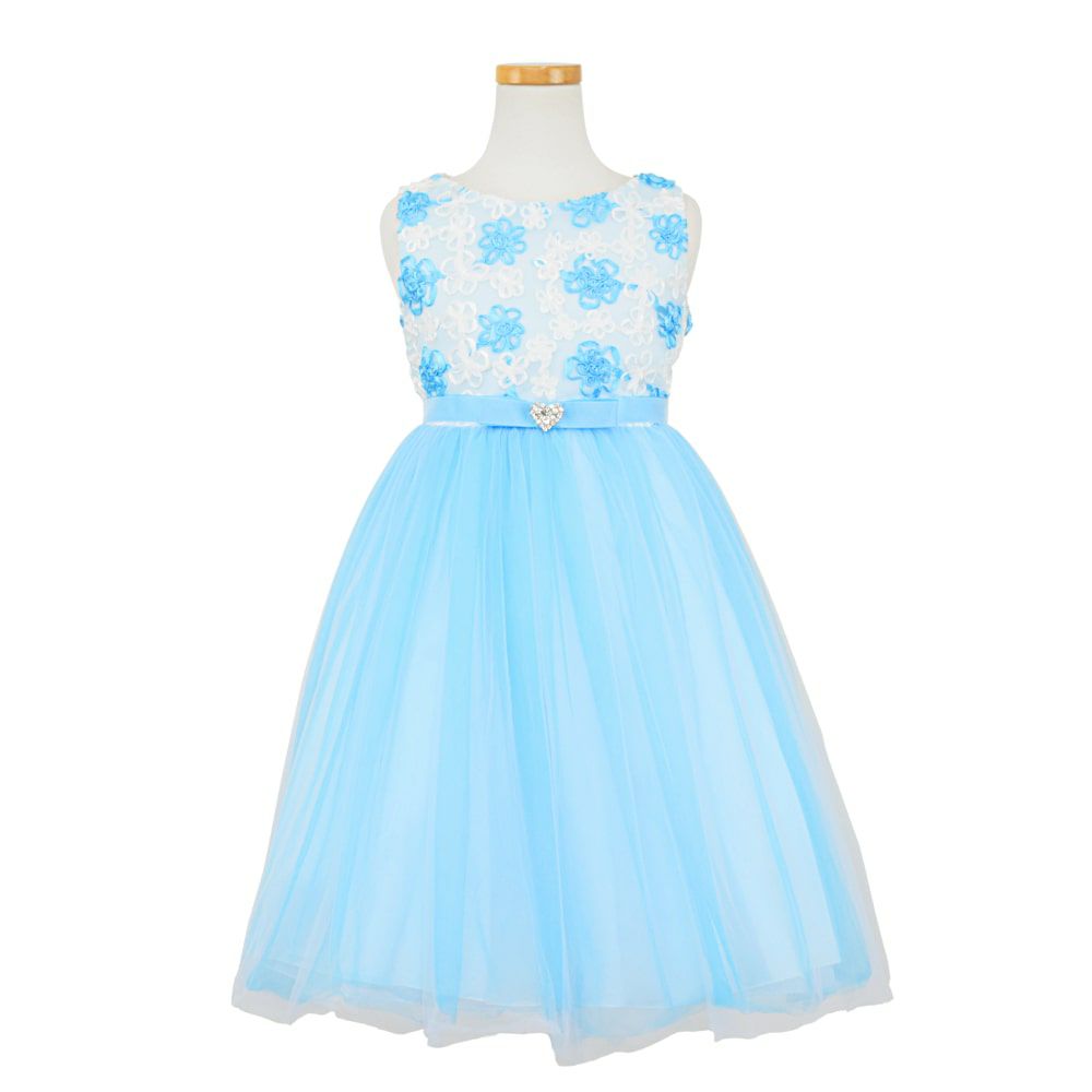 ピアノ発表会や結婚式にぴったりのカラーの女の子用キッズドレス。シンプルで美しいシルエットが魅力のAngel's Closetの子供ドレス レンタル商品（【レンタル】フローラルサテンリボン刺繍イリュージョン子供ドレス(KD365)アクア）｜画像2