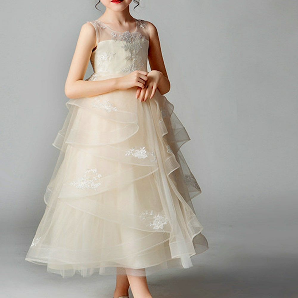 ピアノ発表会や結婚式にぴったりのホワイトカラーの女の子用キッズドレス。シンプルで美しいシルエットが魅力のAngel's Closetの子供ドレス レンタル商品（【レンタル】フラワー刺繍＆ウェーブチュールロング子供ドレス(YP135)オフホワイト）｜画像12