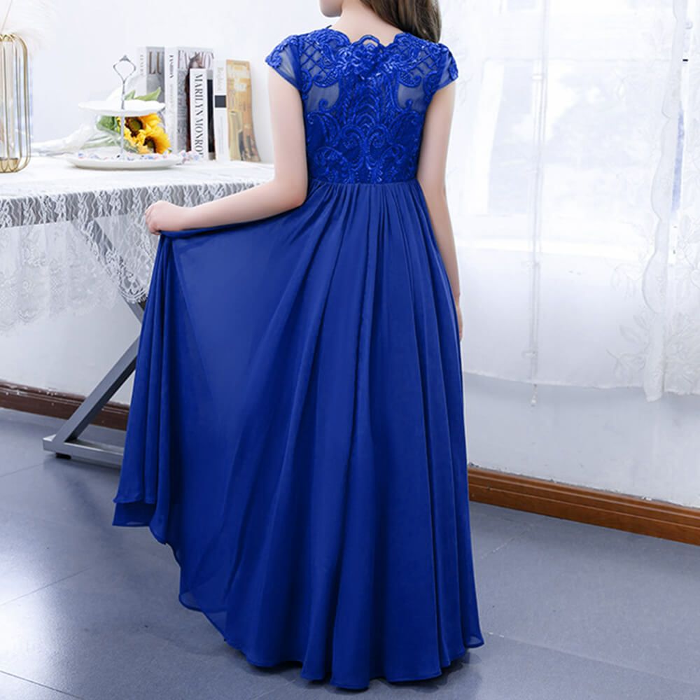 ピアノ発表会や結婚式にぴったりのブルーカラーの女の子用キッズドレス。シンプルで美しいシルエットが魅力のAngel's Closetの子供ドレス レンタル商品（【レンタル】イリュージョンネックレース＆キャップスリーブシフォンロング子供ドレス(YP158)ロイヤルブルー）｜画像13