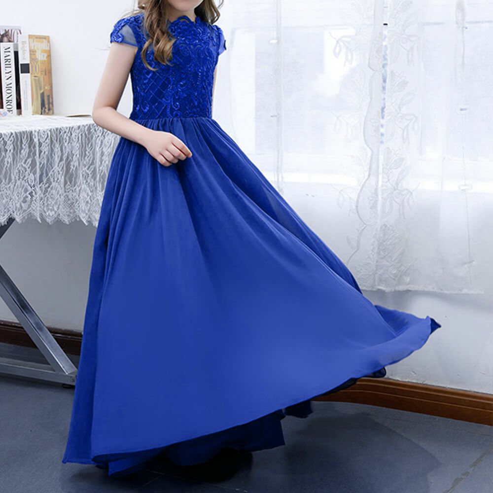 ピアノ発表会や結婚式にぴったりのブルーカラーの女の子用キッズドレス。シンプルで美しいシルエットが魅力のAngel's Closetの子供ドレス レンタル商品（【レンタル】イリュージョンネックレース＆キャップスリーブシフォンロング子供ドレス(YP158)ロイヤルブルー）｜画像14