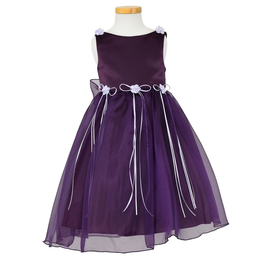 ピアノ発表会や結婚式にぴったりのカラーの女の子用キッズドレス。シンプルで美しいシルエットが魅力のAngel's Closetの子供ドレス レンタル商品（【レンタル】サテン＆シャイニーオーガンジー子供ドレスサニー(KD149)エッグプラント）｜画像2