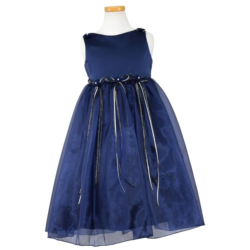 ピアノ発表会や結婚式にぴったりのネイビーカラーの女の子用キッズドレス。シンプルで美しいシルエットが魅力のAngel's Closetの子供ドレス レンタル商品（【レンタル】サテン＆シャイニーオーガンジー子供ドレスサニー(KD149)ネイビー）｜画像2