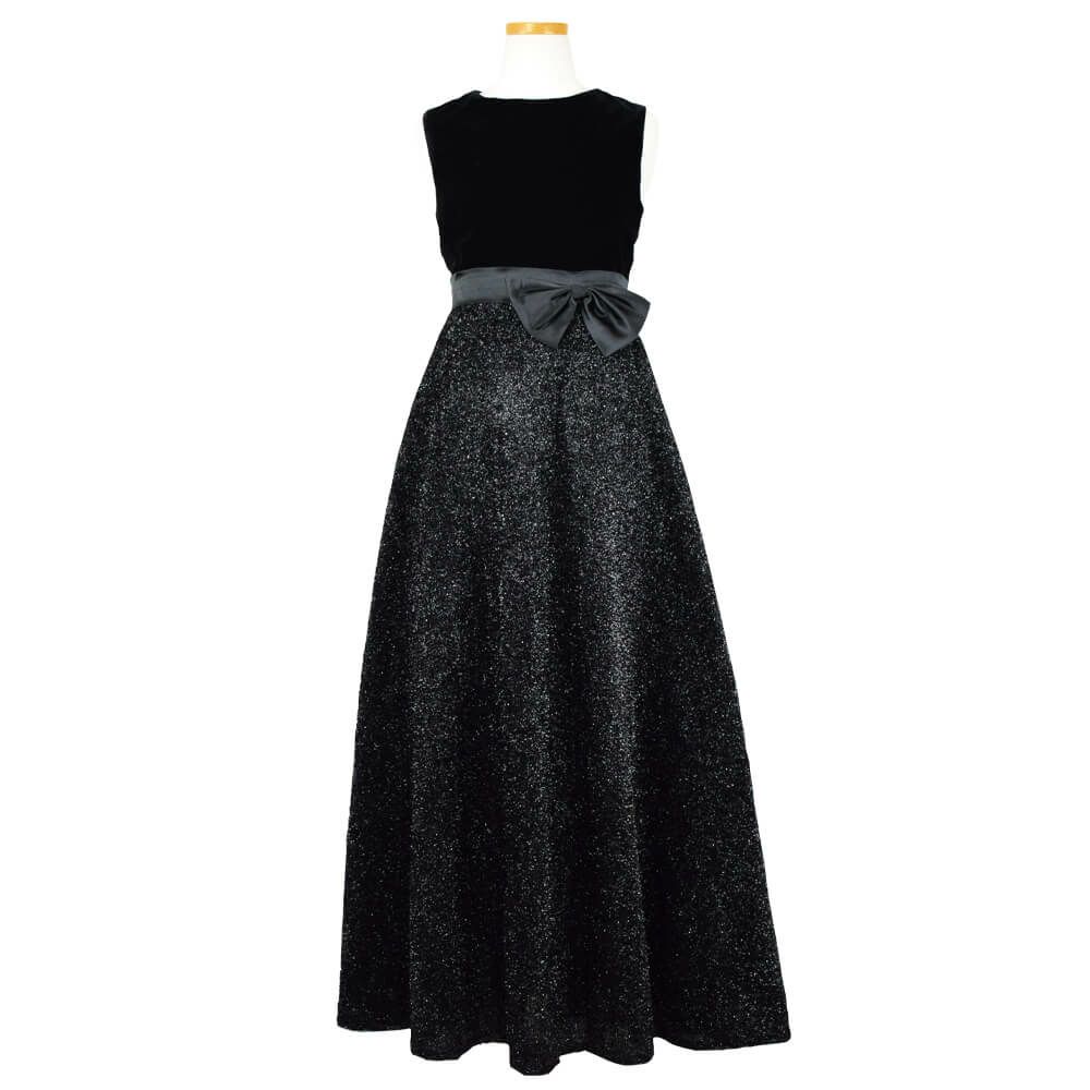 ピアノ発表会や結婚式にぴったりのブラックカラーの女の子用キッズドレス。シンプルで美しいシルエットが魅力のAngel's Closetの子供ドレス レンタル商品（【レンタル】ブラックベルベット＆煌めくＡラインロングドレス※コルセットバックリボン結び型(YP157B)ブラック）｜画像2