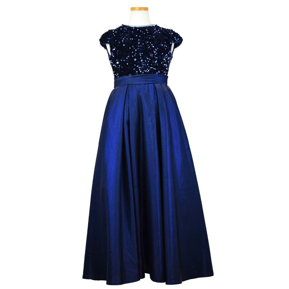 ピアノ発表会や結婚式にぴったりのネイビーカラーの女の子用キッズドレス。シンプルで美しいシルエットが魅力のAngel's Closetの子供ドレス レンタル商品（【レンタル】スパンコール＆サテンロングドレス※コルセットバックリボン結び型(YP136C)ネイビー）｜画像2