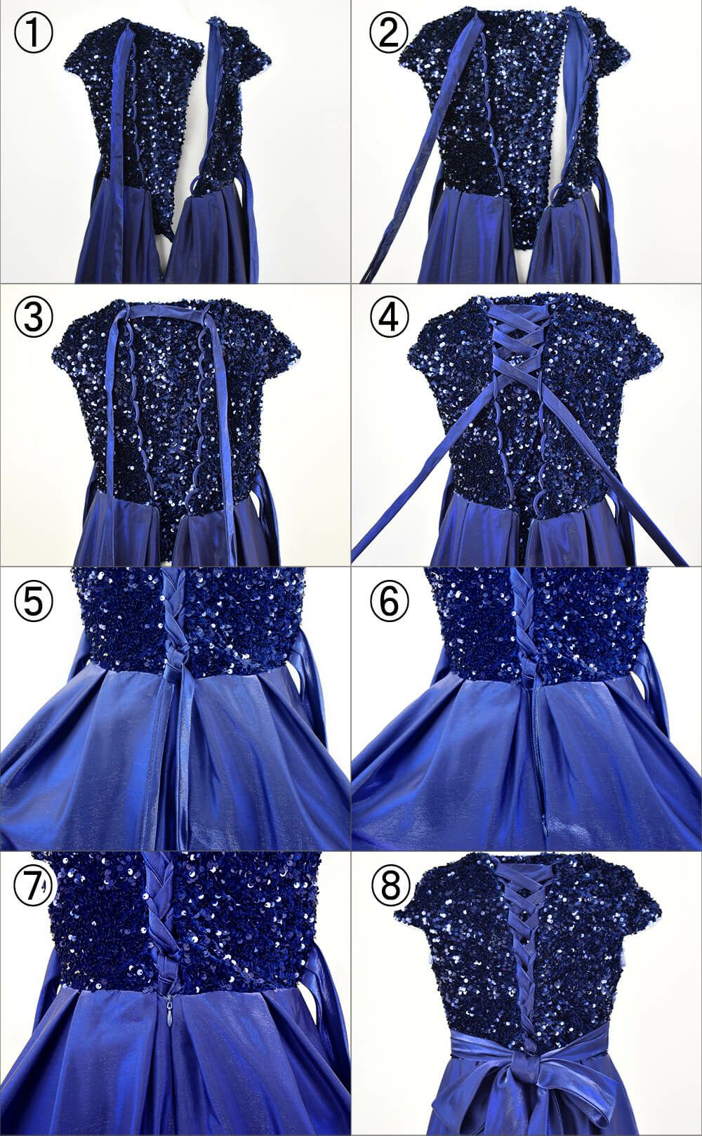 ピアノ発表会や結婚式にぴったりのネイビーカラーの女の子用キッズドレス。シンプルで美しいシルエットが魅力のAngel's Closetの子供ドレス レンタル商品（【レンタル】スパンコール＆サテンロングドレス※コルセットバックリボン結び型(YP136C)ネイビー）｜画像6