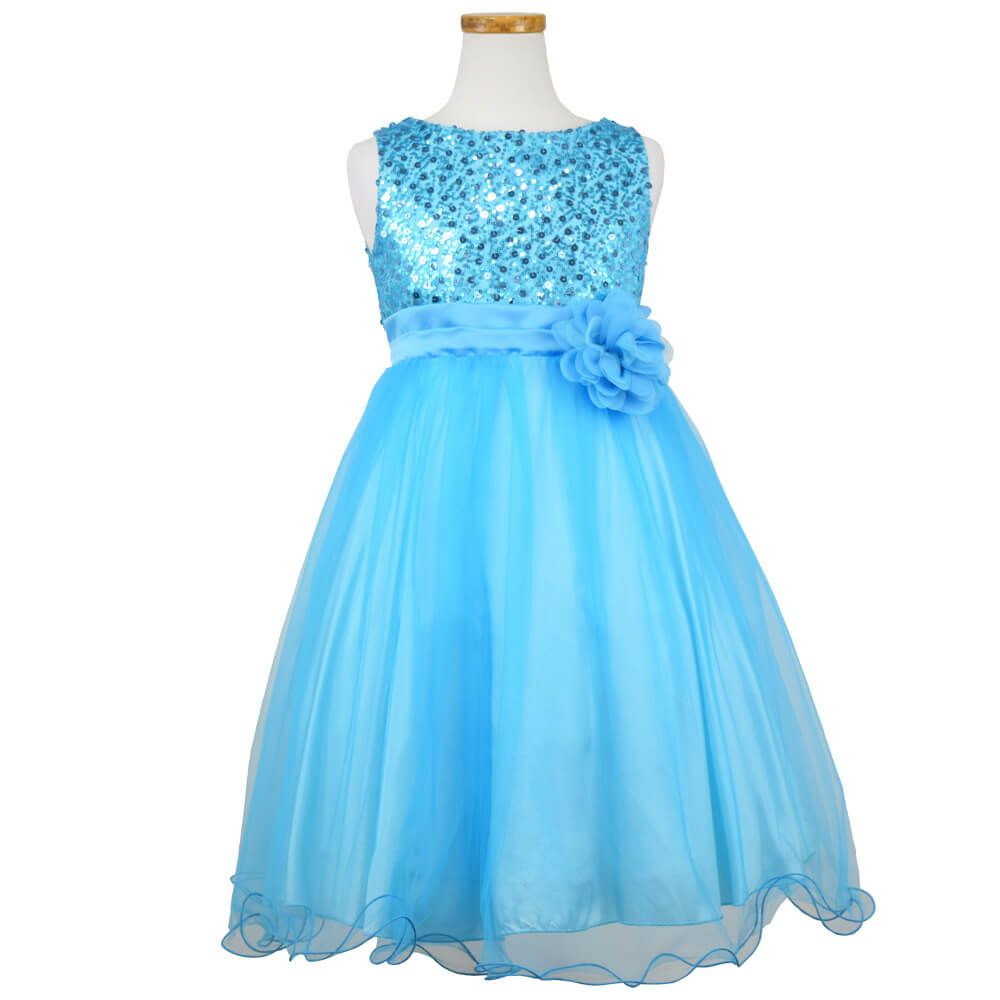 ピアノ発表会や結婚式にぴったりのカラーの女の子用キッズドレス。シンプルで美しいシルエットが魅力のAngel's Closetの子供ドレス レンタル商品（【レンタル】スパンコール＆チュール子供ドレス(kd305)アクア）｜画像2