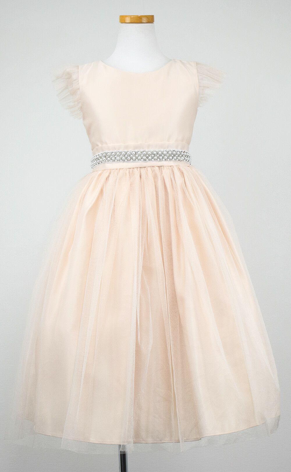 ピアノ発表会や結婚式にぴったりのカラーの女の子用キッズドレス。シンプルで美しいシルエットが魅力のAngel's Closetの子供ドレス レンタル商品（【レンタル】サテン＆チュールフラッタースリーブ子供ドレス(SK611)シャンパン）｜画像3