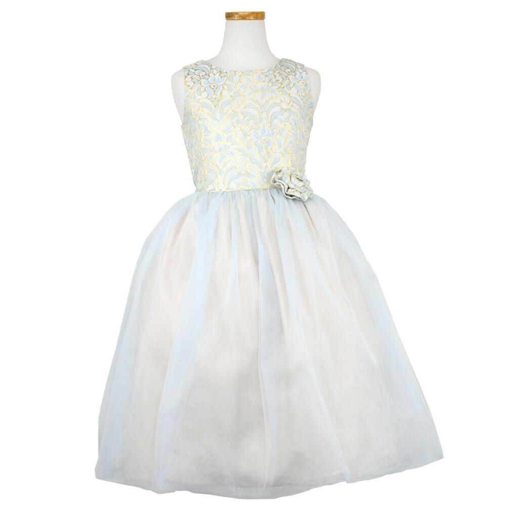ピアノ発表会や結婚式にぴったりのブルーカラーの女の子用キッズドレス。シンプルで美しいシルエットが魅力のAngel's Closetの子供ドレス レンタル商品（【レンタル】オーネイトジャガード＆マルチトーンチュール子供ドレス(SK671)ブルー）｜画像2
