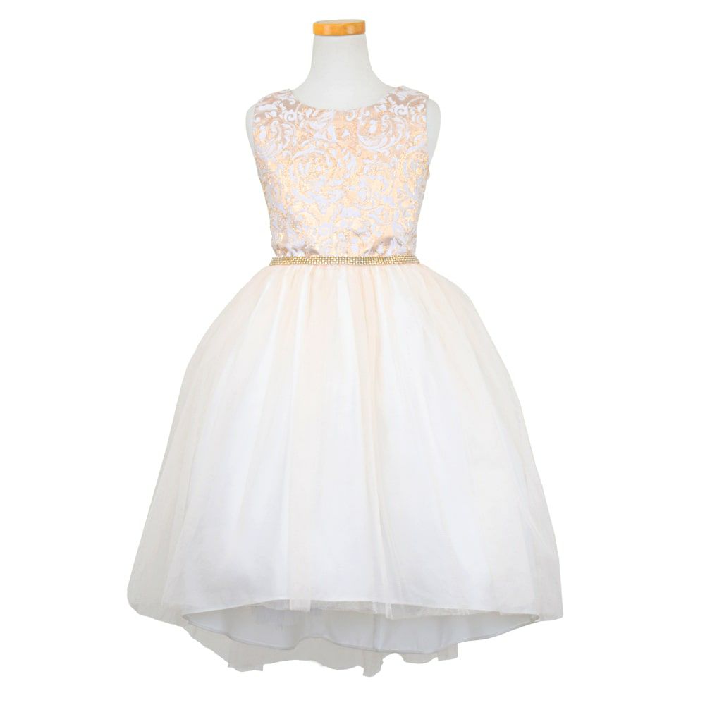 ピアノ発表会や結婚式にぴったりのカラーの女の子用キッズドレス。シンプルで美しいシルエットが魅力のAngel's Closetの子供ドレス レンタル商品（【レンタル】ジャガード＆クリスタルチュールハイ＆ロー子供ドレス(SK805)アイボリー）｜画像2