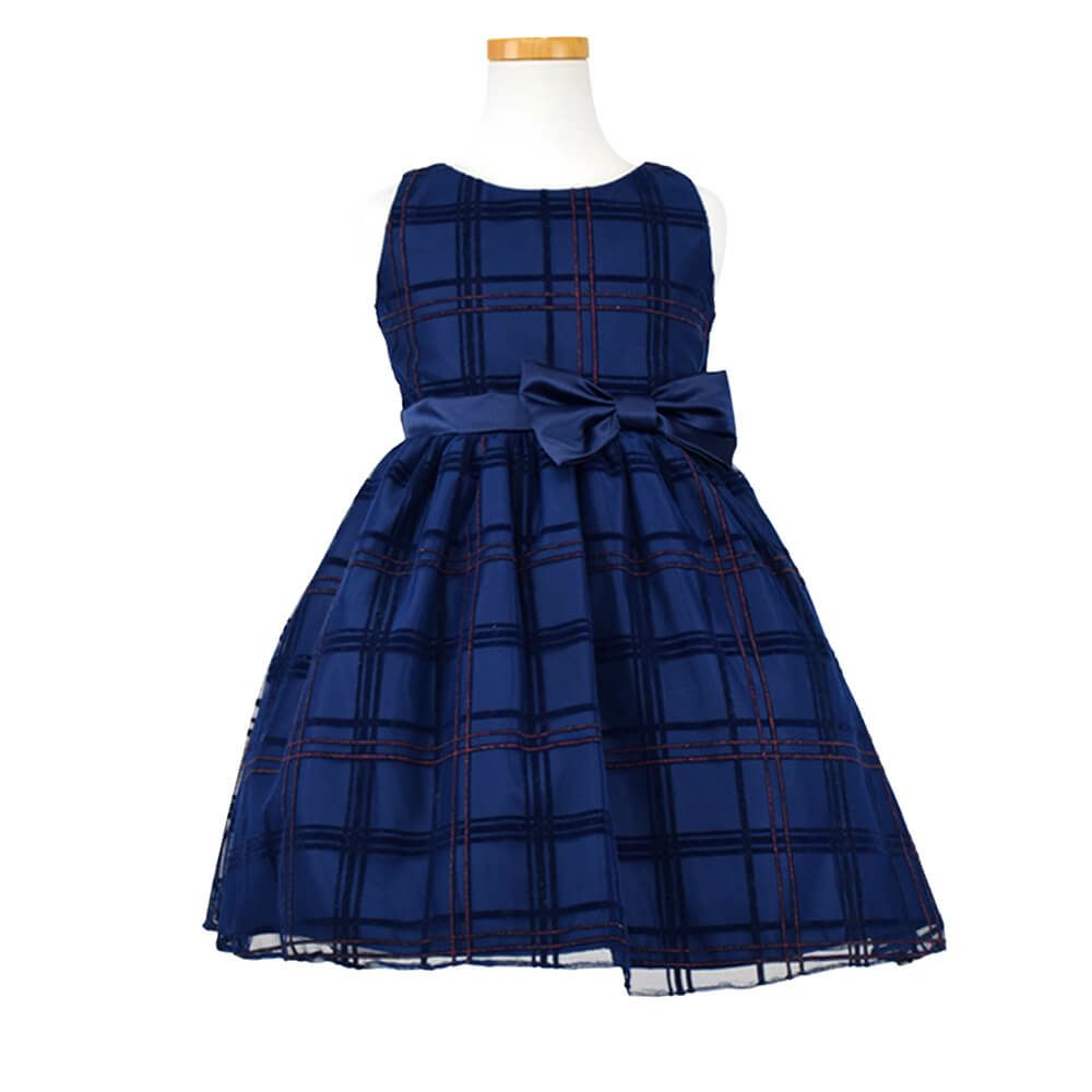 ピアノ発表会や結婚式にぴったりのネイビーカラーの女の子用キッズドレス。シンプルで美しいシルエットが魅力のAngel's Closetの子供ドレス レンタル商品（【レンタル】フロックドグリッター格子柄メッシュ＆サテン子供ドレス(SK714)ネイビー）｜画像2