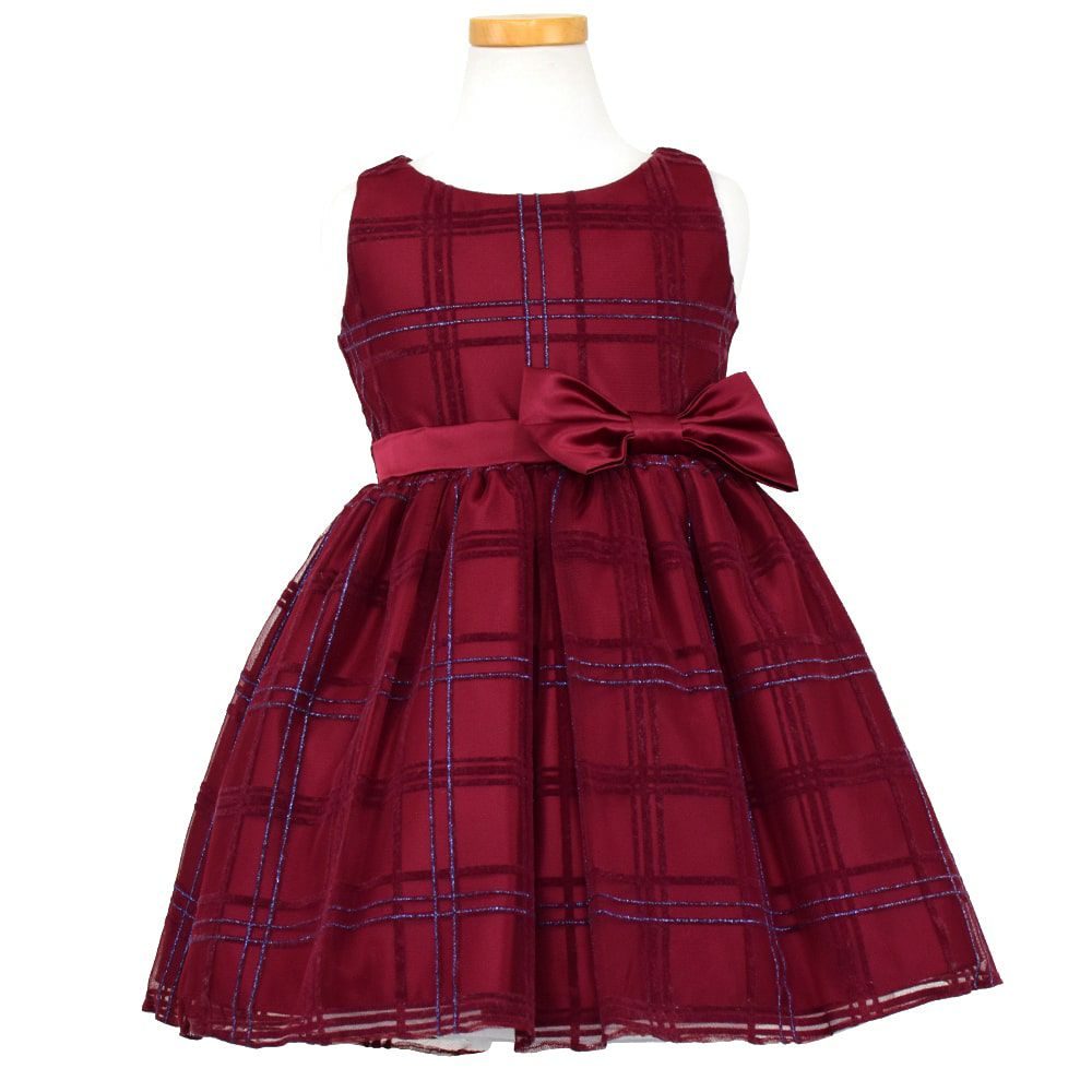 ピアノ発表会や結婚式にぴったりのカラーの女の子用キッズドレス。シンプルで美しいシルエットが魅力のAngel's Closetの子供ドレス レンタル商品（【レンタル】フロックドグリッター格子柄メッシュ＆サテン子供ドレス(SK714)バーガンディー）｜画像2