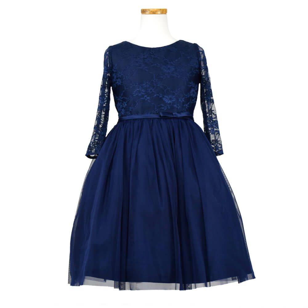ピアノ発表会や結婚式にぴったりのネイビーカラーの女の子用キッズドレス。シンプルで美しいシルエットが魅力のAngel's Closetの子供ドレス レンタル商品（【レンタル】レーススリーブチュールスカート子供ドレス(SK599)ネイビー）｜画像2