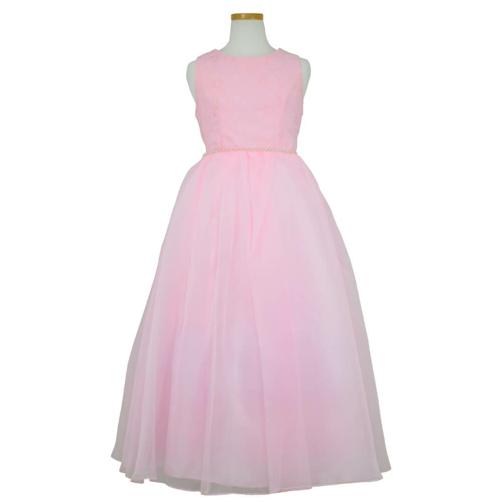 ピアノ発表会や結婚式にぴったりのピンクカラーの女の子用キッズドレス。シンプルで美しいシルエットが魅力のAngel's Closetの子供ドレス レンタル商品（【レンタル】エレガントフラワーパターンレース&オーガンジーロングドレス(JK3580)ピンク）｜画像2