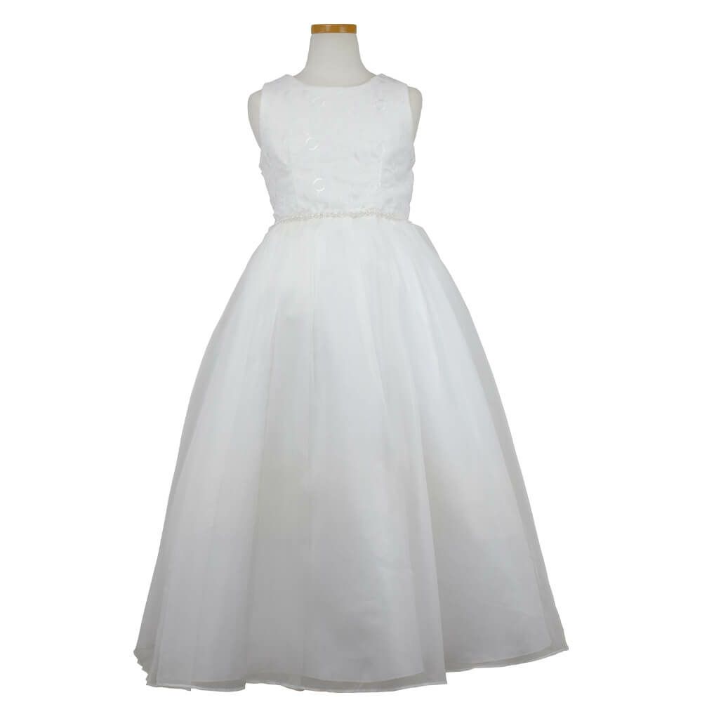 ピアノ発表会や結婚式にぴったりのカラーの女の子用キッズドレス。シンプルで美しいシルエットが魅力のAngel's Closetの子供ドレス レンタル商品（【レンタル】エレガントフラワーパターンレース&オーガンジーロングドレス(JK3580)アイボリー）｜画像2