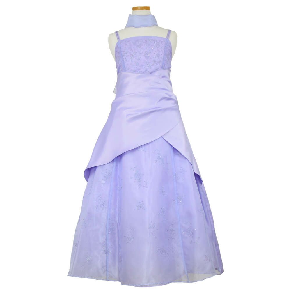 ピアノ発表会や結婚式にぴったりのライラックカラーの女の子用キッズドレス。シンプルで美しいシルエットが魅力のAngel's Closetの子供ドレス レンタル商品（【レンタル】ギャザーアクロスウェストサテン＆フローラルオーガンジードレス(HC1232)ライラック）｜画像2
