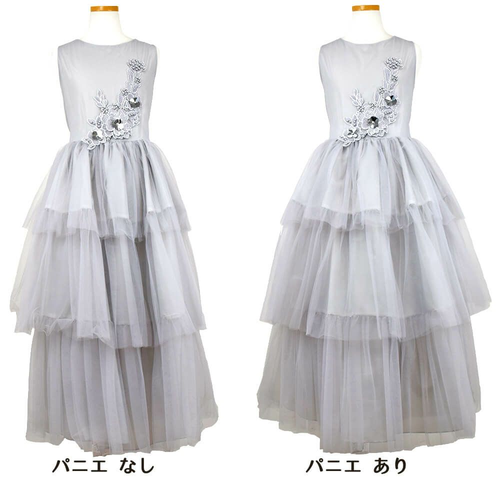 ピアノ発表会や結婚式にぴったりのカラーの女の子用キッズドレス。シンプルで美しいシルエットが魅力のAngel's Closetの子供ドレス レンタル商品（【レンタル】3Dフラワー刺繍3ティアードチュールドレス(ccd795)シルバー）｜画像6