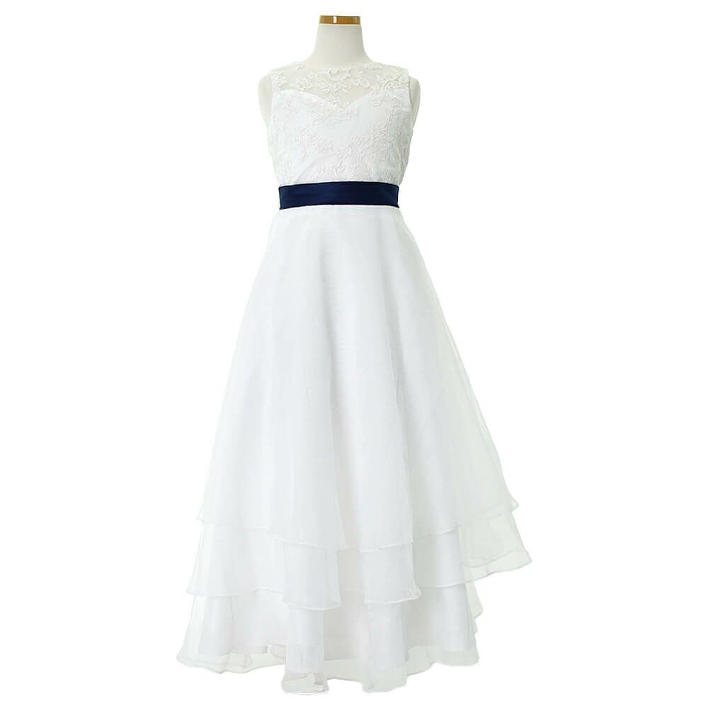ピアノ発表会や結婚式にぴったりのネイビーカラーの女の子用キッズドレス。シンプルで美しいシルエットが魅力のAngel's Closetの子供ドレス レンタル商品（【レンタル】ネイビーリボン＆ティアードホワイトオーガンジーロングドレス(YP194)ホワイト）｜画像2