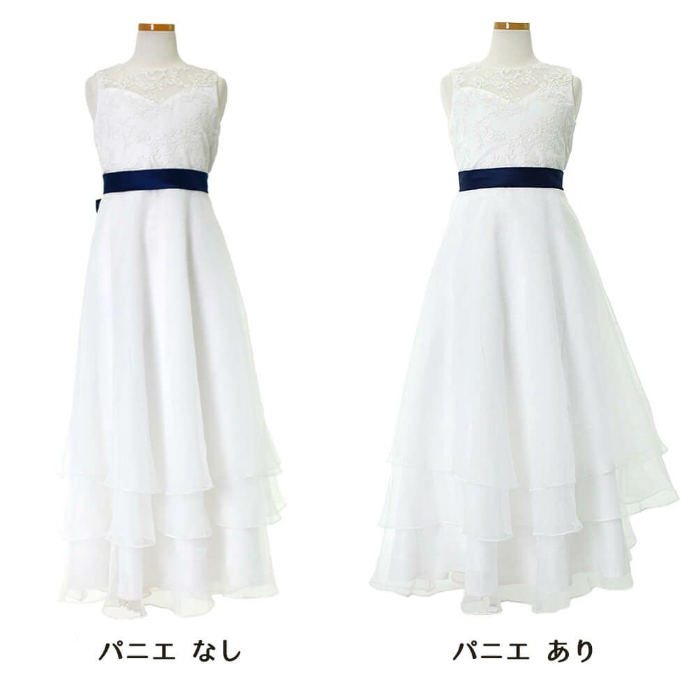 ピアノ発表会や結婚式にぴったりのネイビーカラーの女の子用キッズドレス。シンプルで美しいシルエットが魅力のAngel's Closetの子供ドレス レンタル商品（【レンタル】ネイビーリボン＆ティアードホワイトオーガンジーロングドレス(YP194)ホワイト）｜画像6