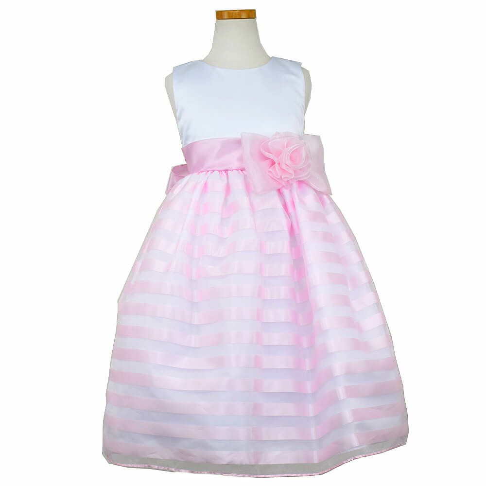 ピアノ発表会や結婚式にぴったりのピンクカラーの女の子用キッズドレス。シンプルで美しいシルエットが魅力のAngel's Closetの子供ドレス レンタル商品（【レンタル】 サテン＆バイカラーボーダーオーガンジードレス(CK981)ピンク）｜画像2