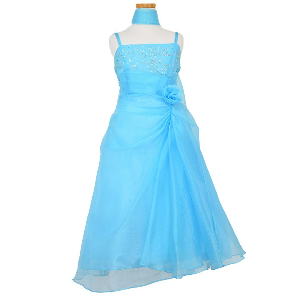 ピアノ発表会や結婚式にぴったりのカラーの女の子用キッズドレス。シンプルで美しいシルエットが魅力のAngel's Closetの子供ドレス レンタル商品（【レンタル】ビーズ＆オーガンジーAラインドレス(HC801)ターコイズ）｜画像2