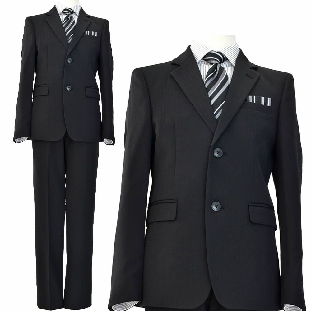 特別な日にぴったりのブラックカラーの男の子用フォーマルスーツ。シンプルで美しいシルエットが魅力のAngel's Closetの子供フォーマル レンタル商品（【レンタル】レジメンタルタイ ストライプシャツ 長ズボンスーツ5点セット(CAT525610)ブラック）｜画像2