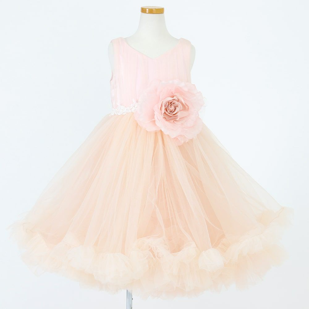 ピアノ発表会や結婚式にぴったりのピンクカラーの女の子用キッズドレス。シンプルで美しいシルエットが魅力のAngel's Closetの子供ドレス レンタル商品（【レンタル】ティアードチュール＆ラージローズドレス(YP220)ピンク）｜画像2