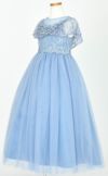 ピアノ発表会や結婚式にぴったりのブルーカラーの女の子用キッズドレス。シンプルで美しいシルエットが魅力のAngel's Closetの子供ドレス レンタル商品（【レンタル】フラワーレースケープ＆チュールドレス（YP222） ブルーグレー）｜画像4