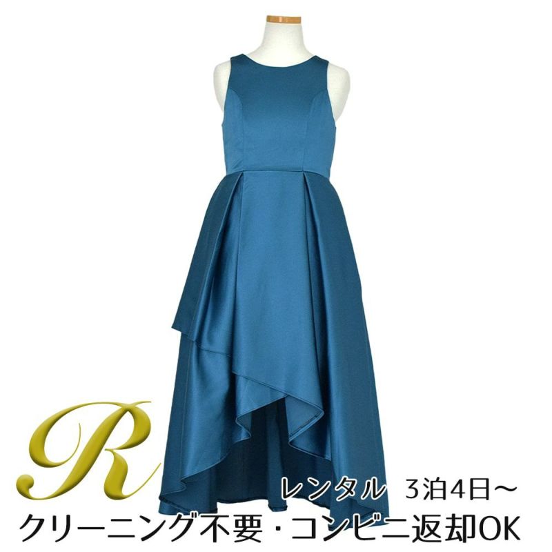 ピアノ発表会や結婚式にぴったりのカラーの女の子用キッズドレス。シンプルで美しいシルエットが魅力のAngel's Closetの子供ドレス レンタル商品（【レンタル】ハイ＆ローカスケードサテンロングドレス（YP223） ピーコック）｜画像1