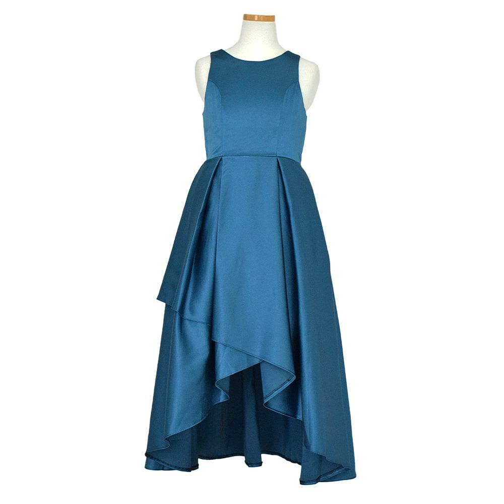 ピアノ発表会や結婚式にぴったりのカラーの女の子用キッズドレス。シンプルで美しいシルエットが魅力のAngel's Closetの子供ドレス レンタル商品（【レンタル】ハイ＆ローカスケードサテンロングドレス（YP223） ピーコック）｜画像2