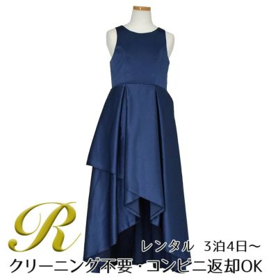 【レンタル】ハイ＆ローカスケードサテンロングドレス（YP223） ネイビー