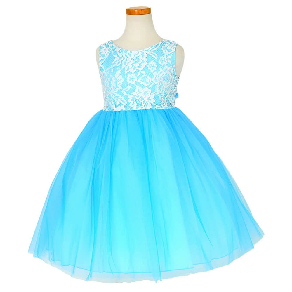 ピアノ発表会や結婚式にぴったりのカラーの女の子用キッズドレス。シンプルで美しいシルエットが魅力のAngel's Closetの子供ドレス レンタル商品（【レンタル】レース＆４レイヤーイリュージョンチュールドレス（KD414） アクア）｜画像2
