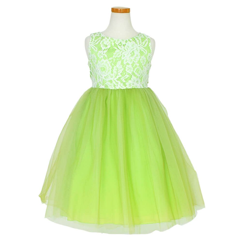 ピアノ発表会や結婚式にぴったりのカラーの女の子用キッズドレス。シンプルで美しいシルエットが魅力のAngel's Closetの子供ドレス レンタル商品（【レンタル】レース＆４レイヤーイリュージョンチュールドレス（KD414） グリーン）｜画像2