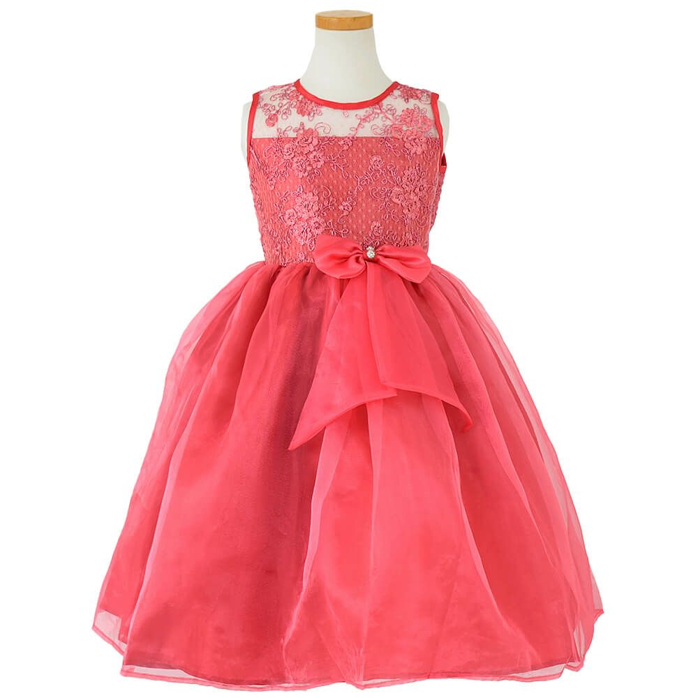 ピアノ発表会や結婚式にぴったりのカラーの女の子用キッズドレス。シンプルで美しいシルエットが魅力のAngel's Closetの子供ドレス レンタル商品（【レンタル】レース＆メタル刺繍オーガンジー子供ドレス（リボンコサージュ付）(CC2461)コーラル｜画像2