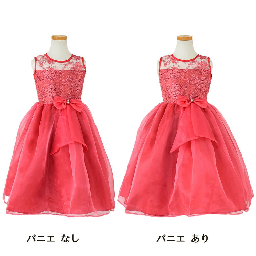 ピアノ発表会や結婚式にぴったりのカラーの女の子用キッズドレス。シンプルで美しいシルエットが魅力のAngel's Closetの子供ドレス レンタル商品（【レンタル】レース＆メタル刺繍オーガンジー子供ドレス（リボンコサージュ付）(CC2461)コーラル｜画像6
