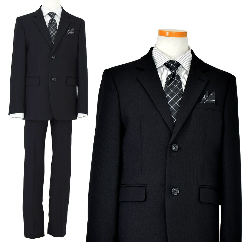 特別な日にぴったりのブラックカラーの男の子用フォーマルスーツ。シンプルで美しいシルエットが魅力のAngel's Closetの子供フォーマル レンタル商品（【レンタル】ストライプシャツ2つボタンベーシックスーツ4点セット(CAT555610) ブラック）｜画像2