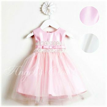 結婚式や七五三にぴったりのカラーの女の子用キッズドレス。シンプルで美しいシルエットが魅力のAngel's Closetの子供ドレス レンタル商品（【レンタル】ベビードレス サテンwithメタリックレースドレス（SKB473））｜画像1