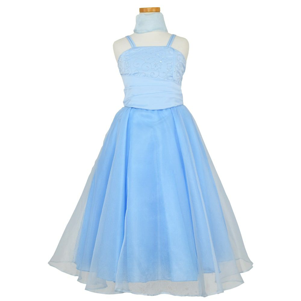 ピアノ発表会や結婚式にぴったりのブルーカラーの女の子用キッズドレス。シンプルで美しいシルエットが魅力のAngel's Closetの子供ドレス レンタル商品（【レンタル】キャビアビーズ＆ダイアゴナルボディオーガンジースカートドレス（HC1568）ベビーブルー）｜画像2