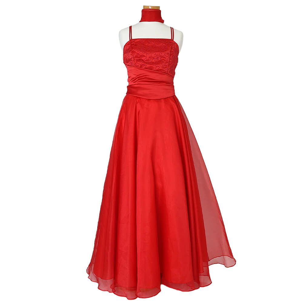 ピアノ発表会や結婚式にぴったりのカラーの女の子用キッズドレス。シンプルで美しいシルエットが魅力のAngel's Closetの子供ドレス レンタル商品（【レンタル】キャビアビーズ＆ダイアゴナルボディオーガンジースカートドレス（HC1568）レッド）｜画像2