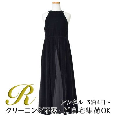 【レンタル】ブラックスリットベルベットロングドレス(YP243) ブラック