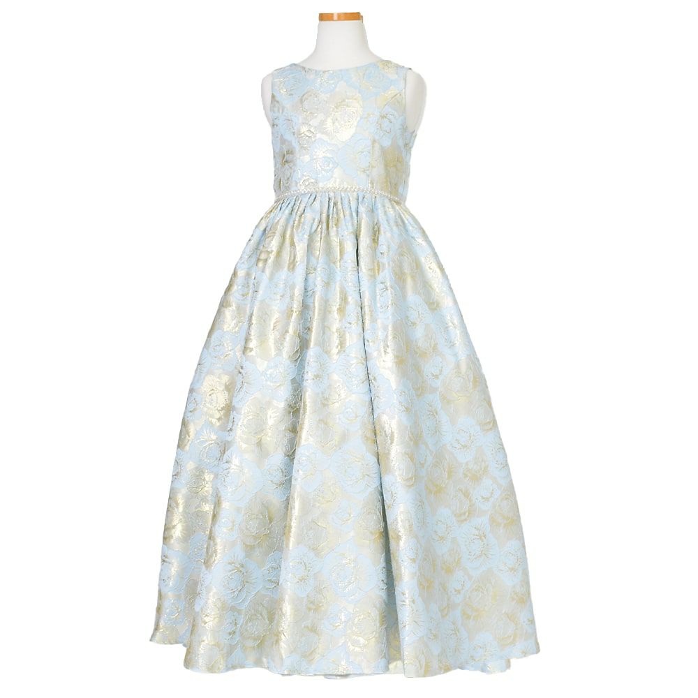 ピアノ発表会や結婚式にぴったりのブルーカラーの女の子用キッズドレス。シンプルで美しいシルエットが魅力のAngel's Closetの子供ドレス レンタル商品（【レンタル】ローズパターンクラシカルロングドレス(YP244) ブルーゴールド）｜画像2