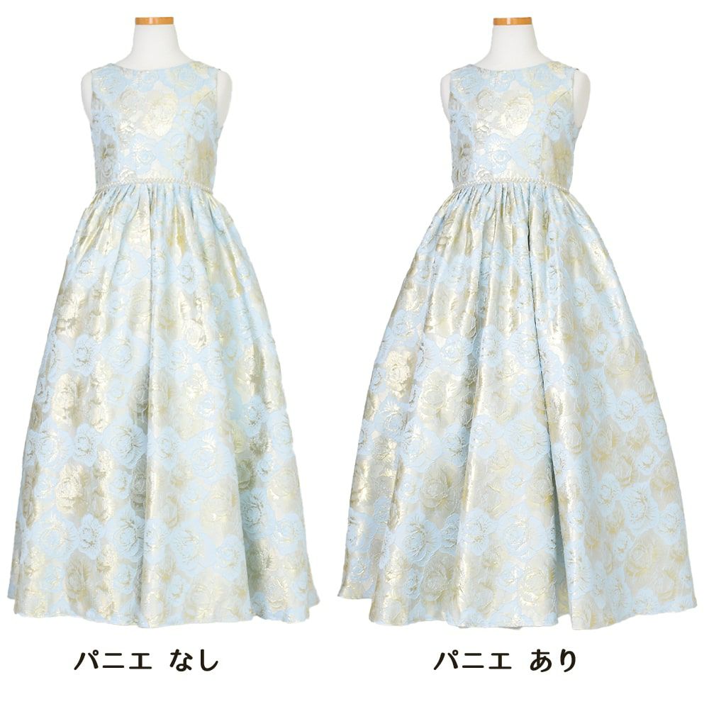 ピアノ発表会や結婚式にぴったりのブルーカラーの女の子用キッズドレス。シンプルで美しいシルエットが魅力のAngel's Closetの子供ドレス レンタル商品（【レンタル】ローズパターンクラシカルロングドレス(YP244) ブルーゴールド）｜画像6
