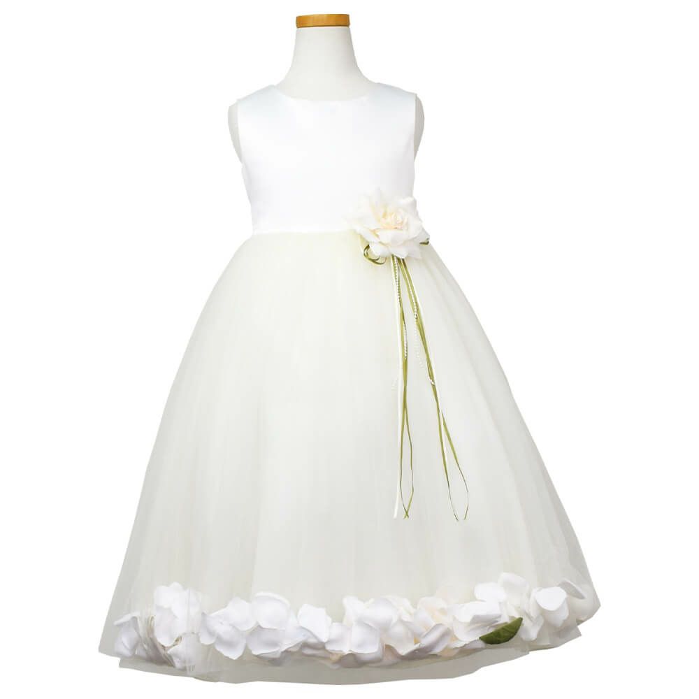 ピアノ発表会や結婚式にぴったりのカラーの女の子用キッズドレス。シンプルで美しいシルエットが魅力のAngel's Closetの子供ドレス レンタル商品（【レンタル】サテン＆チュールフラワーペタルドレス（KD160B）アイボリー）｜画像2