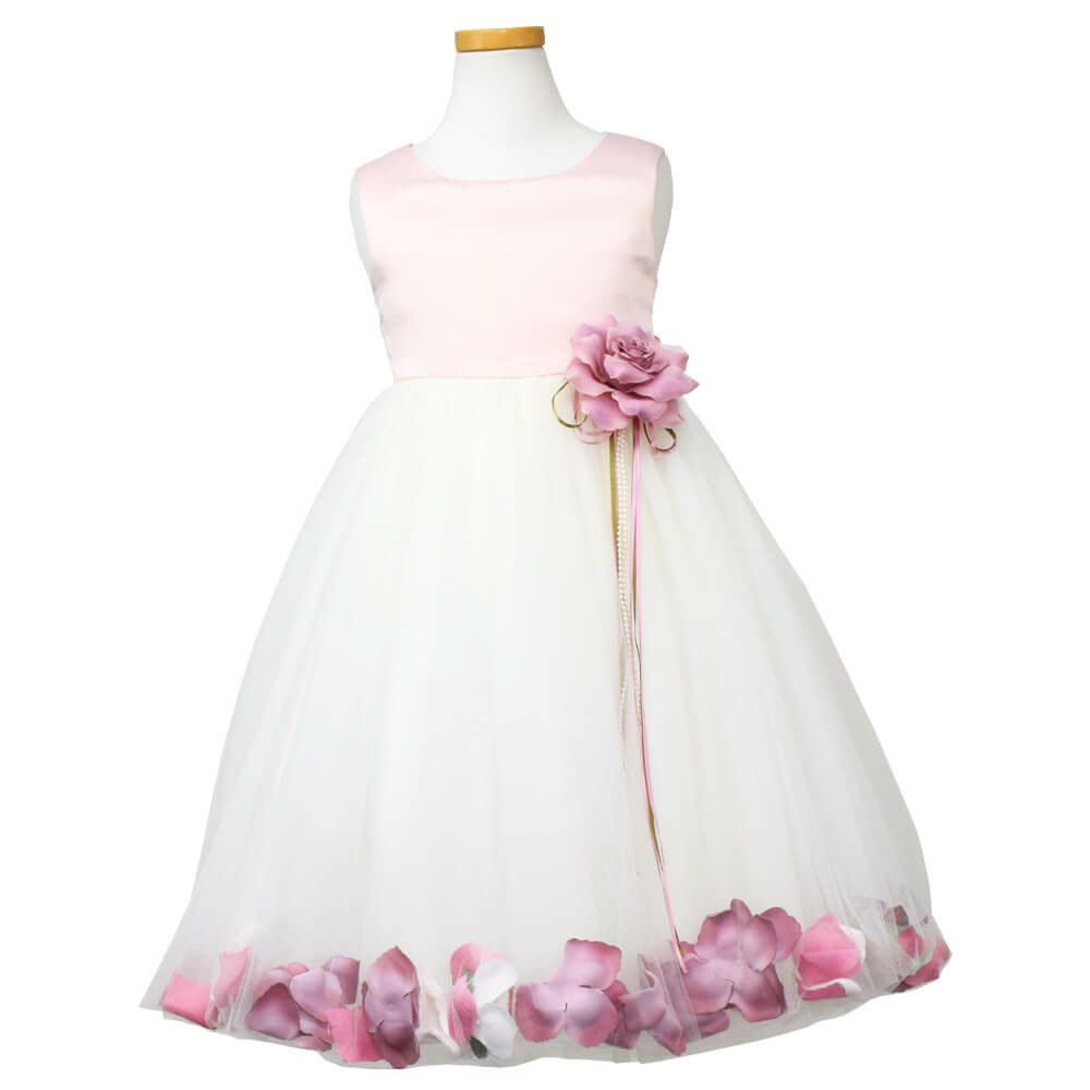 ピアノ発表会や結婚式にぴったりのカラーの女の子用キッズドレス。シンプルで美しいシルエットが魅力のAngel's Closetの子供ドレス レンタル商品（【レンタル】サテン＆チュールフラワーペタルドレス（KD160B）ローズ）｜画像2